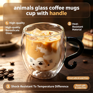 Accessoires pour boissons : Tasses à café, thé, lait en <span class=keywords><strong>verre</strong></span> borosilicate à double paroi, avec poignée en forme <span class=keywords><strong>de</strong></span> <span class=keywords><strong>queue</strong></span> <span class=keywords><strong>de</strong></span> chat mignonne, résistantes à la chaleur et isolées - Product Image 2