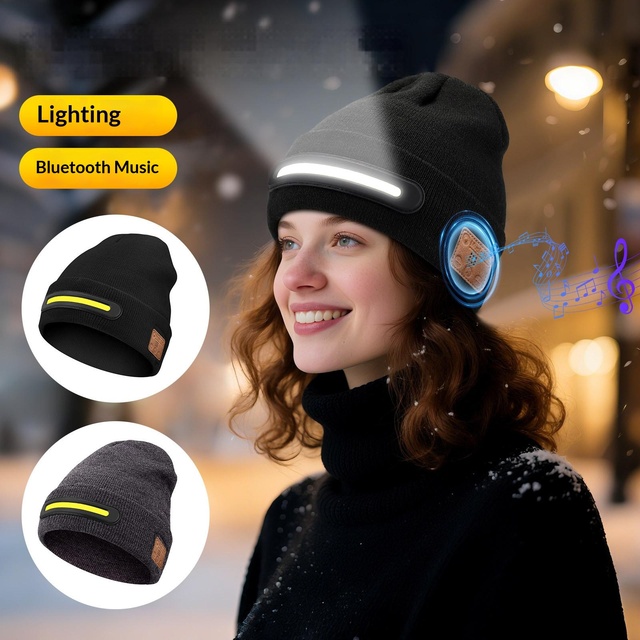 LED Bluetooth Headphones Knit Hat with Curved Brim Fitted Closure 100% Acrylic Embroidered Fashion Design for Adults-Outdoor Use