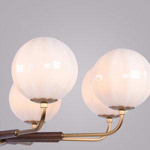 Mid-Century <b>Modern</b> Chandelier 6 8 12-<b>Light</b> White Glass Ball <b>Ceiling</b> <b>Light</b> with Walnut Wood & Gold Brass Finish Retro Pendant - Product Image 4