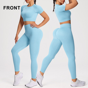 Conjunto de Yoga para Mujer, Cintura Alta, Cuello Redondo, Leggings Elásticos en Cuatro Direcciones, Top Corto de Manga Corta, Ropa Deportiva Azul - Product Image 1