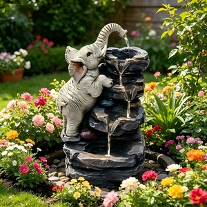 Fontaine d'eau en résine à quatre niveaux avec éléphant mignon et pierres empilées, avec lumière LED <span class=keywords><strong>pour</strong></span> la décoration <span class=keywords><strong>de</strong></span> jardin - Product Image 1