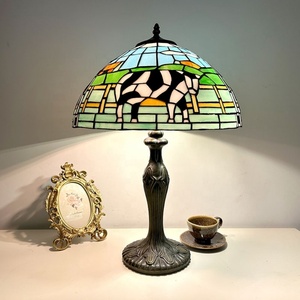 Longhuijing 16Inch Tiffany Handcrafted Art Stained Glass Dome <b>Lamp</b> with AC E26 Rustic Resin <b>Base</b> and Cow Themed Colored Glass - Product Image 3