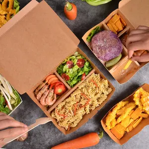 Professional Manufacture Recyclable Lunch Box Paper Takeaway Disposable Fast Food Take Away Kraft Paper Lunch Box Packaging