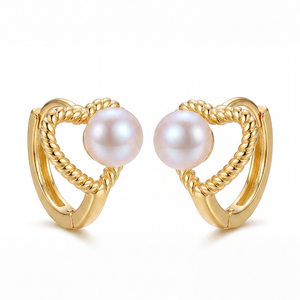 Copper Heart Twist <b>Huggie</b> Freshwater Pearl Earrings Romantic Gold Plated Jewelry for Women - Product Image 1