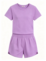 Ensemble décontracté 2 pièces pour enfants, couleur unie, t-shirt à manches courtes à col rond et short à taille élastique, tenue de détente pour enfants