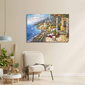 Lienzo italiano, arte de pared, 36 "x 24", pinturas al óleo de madera, imagen de paisaje marino mediterráneo, café de París, boda italiana de Ramadán - Product Image 1