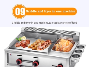 Barbecue à gaz professionnel en acier inoxydable pour plan de travail, plaque de cuisson moitié plate moitié rainurée, poêle à crêpes, teppanyaki avec friteuse - Product Image 4