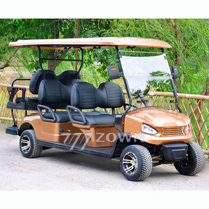 Carrito de golf eléctrico color oro champán para 6 pasajeros con asientos de cuero negro y toldo a juego para transporte turístico en grupos en lugares turísticos. - Product Image 1