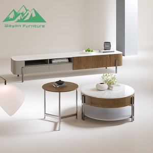 Ensemble de meuble TV Wayon <span class=keywords><strong>en</strong></span> pierre frittée moderne et luxueuse et table basse ronde <span class=keywords><strong>en</strong></span> placage de bois de noyer pour le salon - Product Image 4