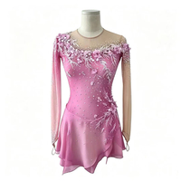 Robe de patinage artistique rose avec appliques 3D, décolleté plongeant, dos ouvert, ornée de strass, manches longues en maille, pour adultes et enfants, danse sur glace