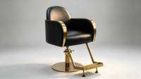 Chaise de barbier haut de gamme avec dossier incurvé et finition dorée élégante pour salon de coiffure professionnel