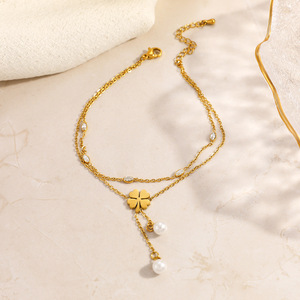 Fashion <b>Anklets</b> <b>Gold</b> Plated Stainless Steel Four Leaf Clover Pearl Pendant Party Jewelry Foot Ornaments JL51064 - Product Image 3