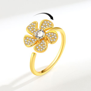 Dainty Micro Pave Zircon Rotating Flower <b>Adjustable</b> <b>Rings</b> Minimalist Copper Gold Plated Anxiety Relief Jewelry For Women - Product Image 1
