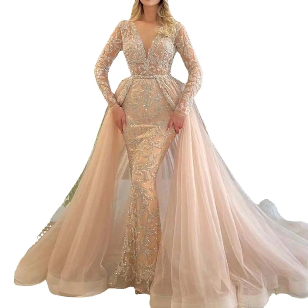 New Arrival Women Lace V Neck Sequin Mermaid Wedding Dresses French Tulle Lace Fabric for Wedding Evening Dresses Long Sleeve