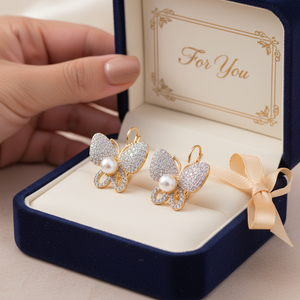 Orecchini a farfalla con amo da pesca placcati oro con diamante a forma di cuore CZ & perla per regalo - Product Image 4