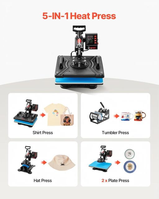 Heat Press Machine 5 in 1 Digital Multifunctional Sublimation T-Shirt Split-type Heat Press Machine for Shirts Hat Mug Cap Plate