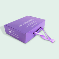 Échantillon gratuit, boîte d'emballage en carton ondulé pour cosmétiques, couleur violette, logo personnalisé, boîte d'expédition, boîte en papier avec poignée en ruban