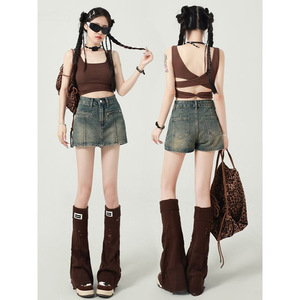 2025 nouveau été rétro Style américain Denim Shorts pour femmes taille moyenne maigre a-ligne chaude fille jupe pantalon Style décontracté - Product Image 6