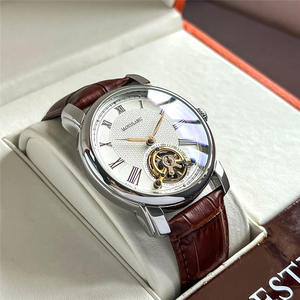 Relojes de Cuarzo de Acero Inoxidable a Prueba de Agua con Correa de Cuero, Relojes Mecánicos Automáticos de 41 mm con Diseño Hueco, Elegantes y Ejecutivos - Product Image 1