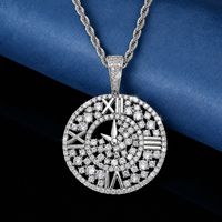 Pendentif Horloge Chiffres Romains en Alliage, Plaqué Argent, Strass Sertis, Collier Rond, Bijoux Hip Hop Prêts à Porter