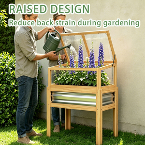 Easy Assembly Tall Elevated Wood Frame Raised Garden Bed Galvanized Steel <b>Planter</b> Box with Greenhouse Cover for Gardening - Product Image 4