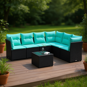 Ensemble de canapés de patio en polyrotin noir moderne avec coussins, 7 places, mobilier d'extérieur au design contemporain - Product Image 2