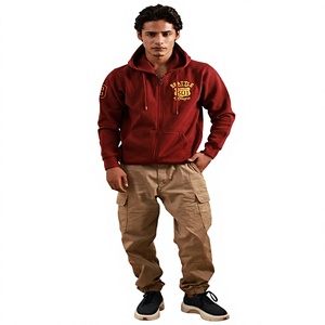 Men Red <b>Zip</b>-Up Hoodie Cotton French Terry Casual Autumn Wear Front Logo Pocket Design Regular Fit - Product Image 3