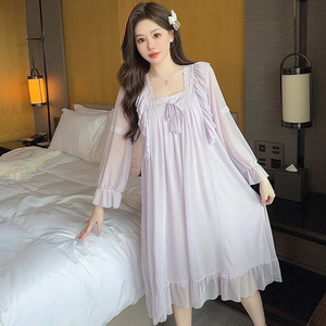 Pyjama chemise de nuit respirant longueur genou 2025 – Collection Printemps-Automne, couleur unie, col carré, style princesse, élastique, pour la maison - Product Image 4