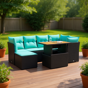 Ensemble de canapés de patio en polyrotin noir, 7 pièces, avec coussins, meubles d'extérieur, sièges de style contemporain, pour 7 personnes - Product Image 2