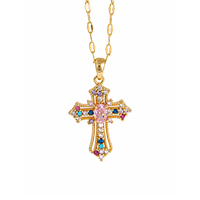 Collier croix vintage doré avec zircons cubiques ovales multicolores sertis pavé, bijoux religieux pour femme, commande personnalisée
