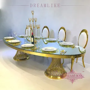 זהב מתכת נירוסטה סגלגל מודרני משתה שולחנות וכיסאות אירועים זכוכית אוכל חדר סט ארוחת ערב שולחן חתונה