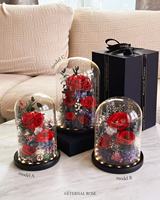 Rose éternelle sous cloche en verre avec LED, fleur naturelle préservée longue durée, tige de rose véritable