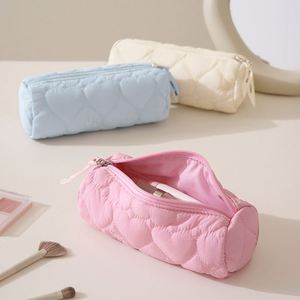 Custom Logo Heart Quilted Nylon Pencil <b>Case</b> Portable Zipper Pen Pouch <b>Makeup</b> <b>Brush</b> Cosmetic Storage Bag for Students - Product Image 1