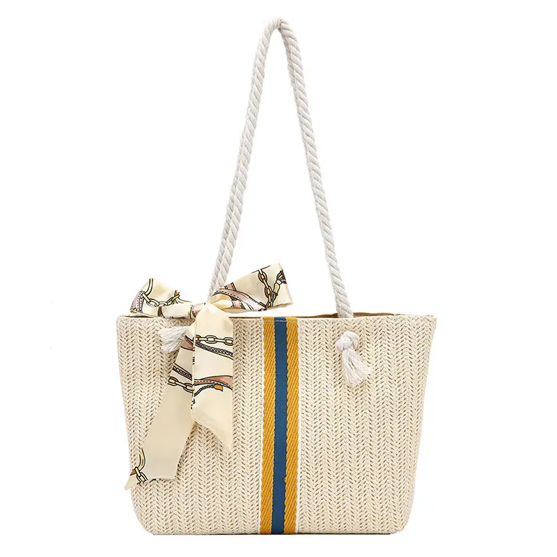 2022 Eco-Friendly New Design Handmade Casual Travel Summer Handbag Lady Straw Beach Tote Bag With Bow Scarves