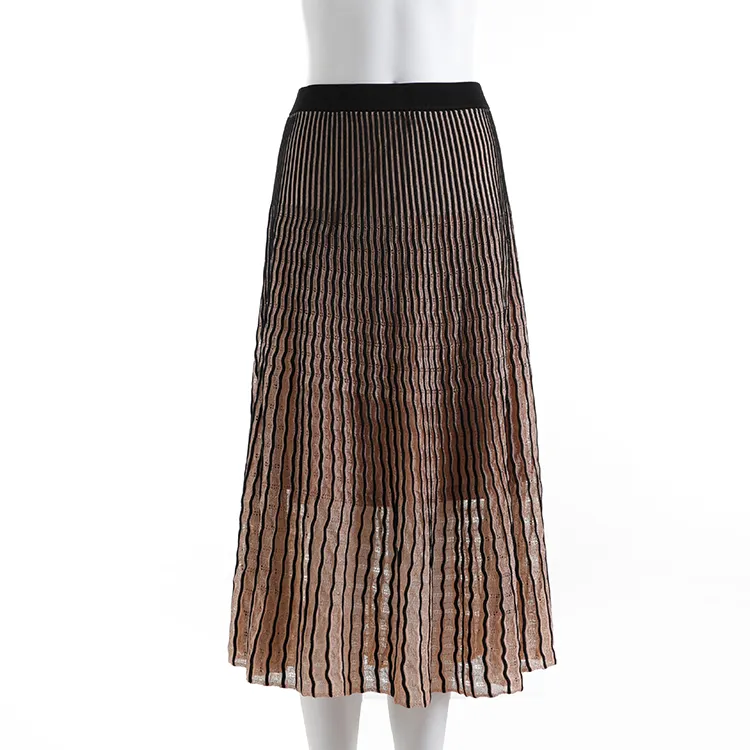 High Quality Women Knitted Pleated Skirts for Women Plus Size Striped Pattern Adults Casual Knee-length Worsted Viscose/nylon