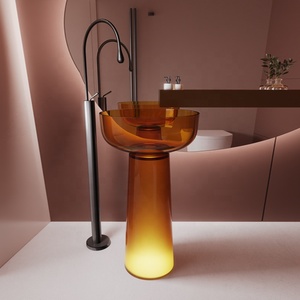 Nuevo Lavabo de Pedestal Transparente en Oferta, Lavabo de Resina Transparente, Lavabos Redondos Independientes de Color Naranja con Luces para Baño - Product Image 1