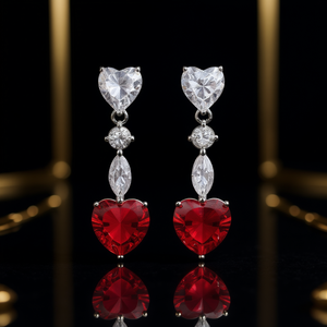 Eleganti orecchini pendenti a forma di cuore con rubino rosso e cristallo trasparente in argento 925 per donna, stile romantico da matrimonio - Product Image 2