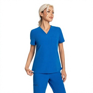 Unisex V-Neck <b>Scrub</b> <b>Top</b> Short Sleeve Blue Cotton Polyester OEM Hospital Uniform Needle Detection <b>Scrub</b> Sets - Product Image 1