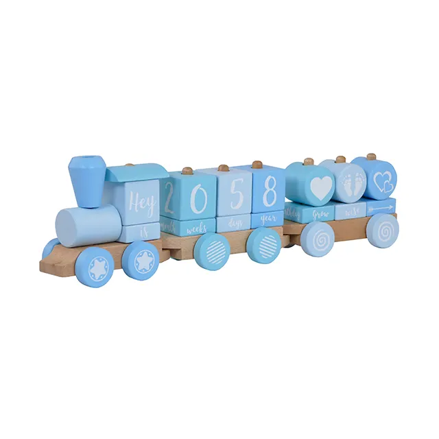 Hadiah Baby Shower terbaik dari kayu padat tonggak bayi usia blok foto kereta mainan kayu