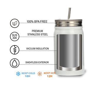 17oz Paslanmaz Çelik Süblimasyon <span class=keywords><strong>Mason</strong></span> Kavanoz Bardak Geniş Ağızlı Beyaz Paslanmaz Çelik Bardak Kavanoz Kapaklı ve Metal Pipetli - Product Image 3