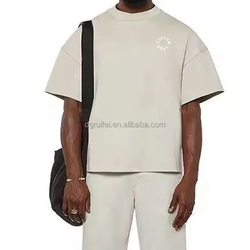 Haute qualité imprimé personnalisé col montant épaule tombante coupe ample blanc recadrée poids lourd épais coton surdimensionné boxy t-shirt hommes