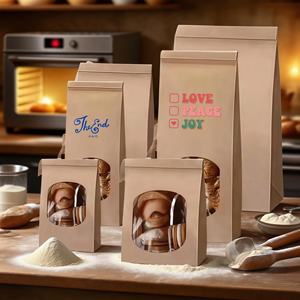 Bolsas de Papel Kraft Autosellables para Palomitas de Maíz, Repostería, Galletas y Pan, con Logotipo Personalizado, Base Plana, Cierre Metálico y Ventana - Product Image 1