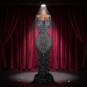 Splendido Abito Lungo da <span class=keywords><strong>Sera</strong></span> Nero con Cristalli e Strass, Aderente, per Eventi e Cocktail - Product Image 1