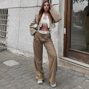 Özel bayan yüksek moda <span class=keywords><strong>Palazzo</strong></span> geniş bacak pantolon cepler ile yüksek bel rahat resmi ofis pantolon