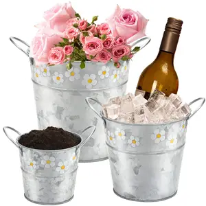 热销3pcs/套人造植物家居装饰金属花瓶特色桶设计镀锌花桶带手柄