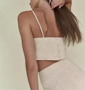 女性の夏の白いリネンツーピースセットファッションノースリーブタンクトップマッチングハイウエストワイドパンツセットで新しい