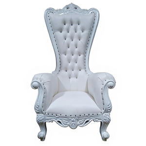 Fauteuil de loisirs capitonné antique français à dossier haut en cuir synthétique blanc et bois massif pour villa, bureau à domicile, chambre, salon, salle à manger - Product Image 1