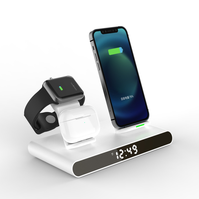 Multi-Function Smart Fully USB-C 20W 4 in 1 Wireless Charger Station with Alarm Clock for iPhone Watch and Earphone