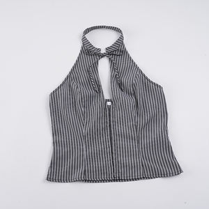 Women's <b>Striped</b> Halter Neck <b>Top</b> V-Neck Tie Detail Buttons Front Sleeveless <b>Crop</b> Blouse Slim Fit Summer Fashion 2026 New Arrival - Product Image 6
