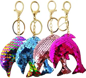 LEMON Cute Glitter Reversible Sequins Key Ring Dolphins Shaped Keychains Party Supplies Gifts Car Bag Accessory Pendant Favors